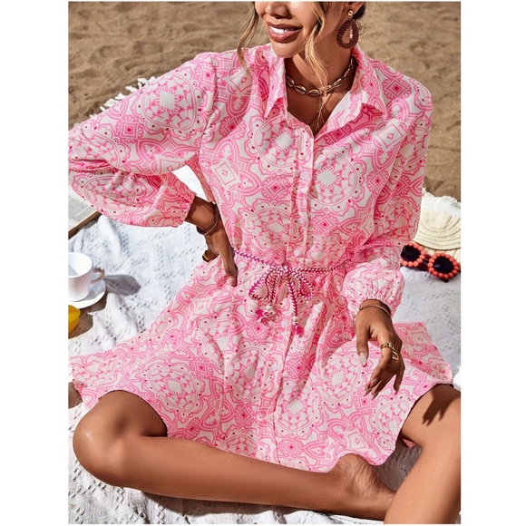 Pink Belted Button Front Long Sleeve Flared Short Dress - Picture 5 of 16